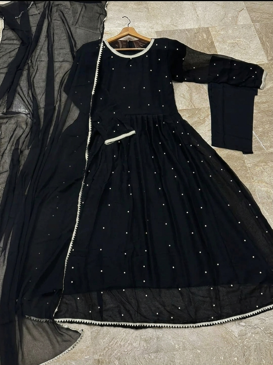 🖤 Elegant Black Pearl & Lace Chiffon Maxi Dress – 3-Piece Set