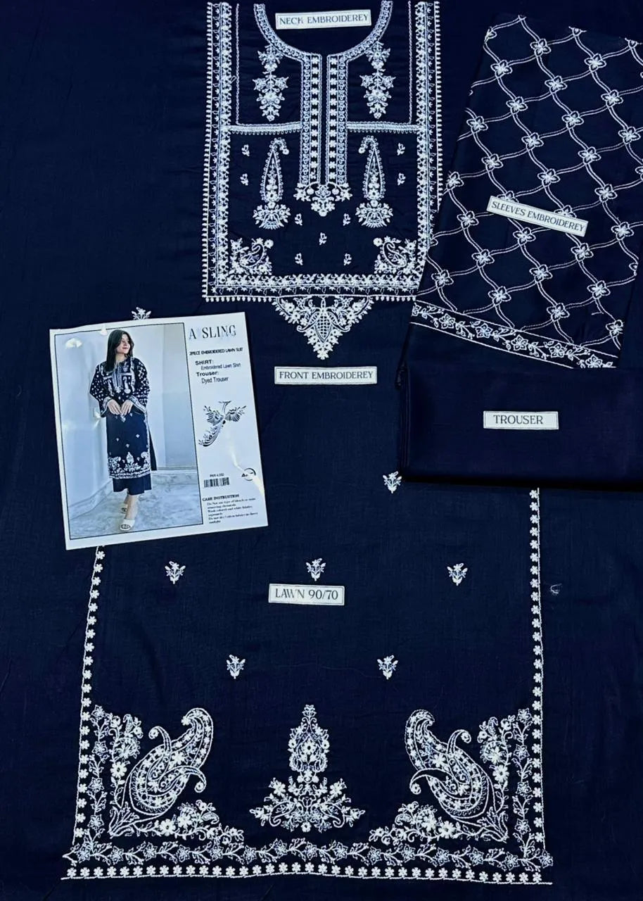Stylish Blue Embroidered 2-Pc Lawn Suit (Shirt & Trouser)