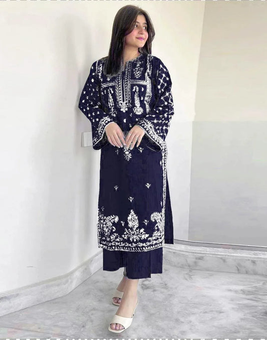 Stylish Blue Embroidered 2-Pc Lawn Suit (Shirt & Trouser)
