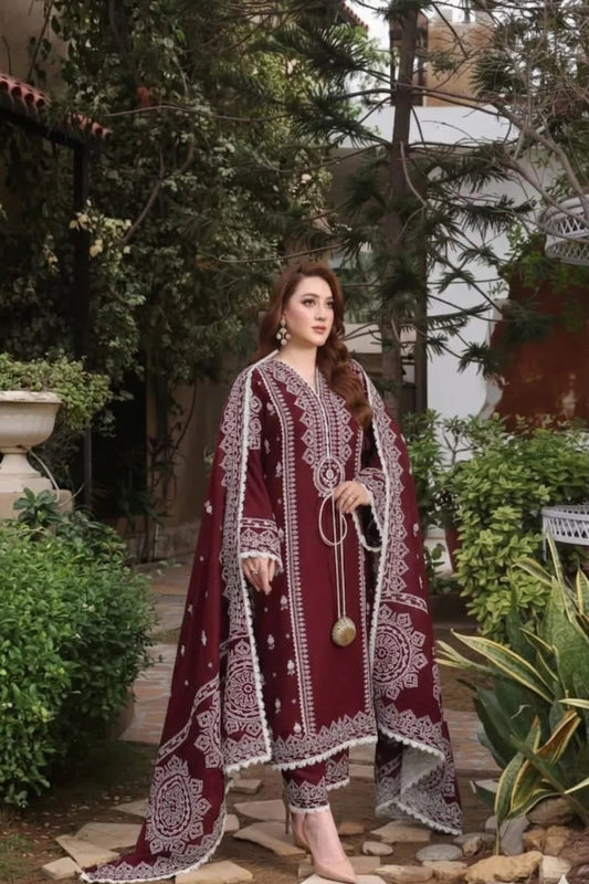 Maroon Embroidered 3Pcs Women Suit Lawn Set