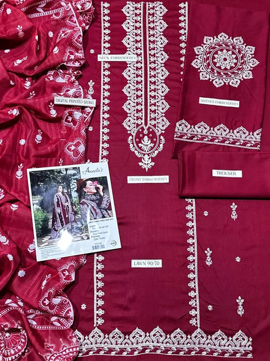 Maroon Embroidered 3Pcs Women Suit Lawn Set