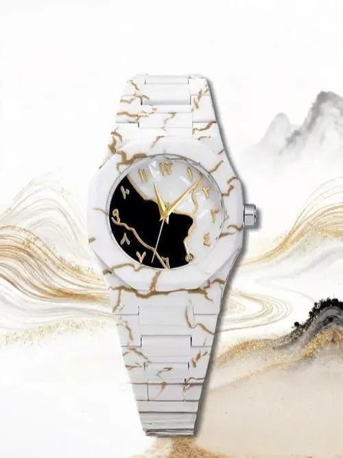 Men's Carbon Fiber Marble Watch White Gold