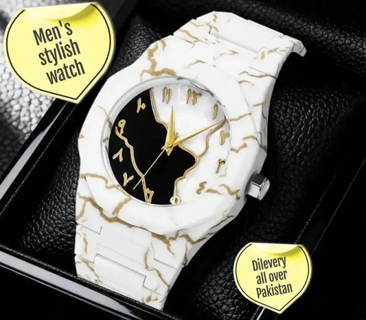 Men's Carbon Fiber Marble Watch White Gold
