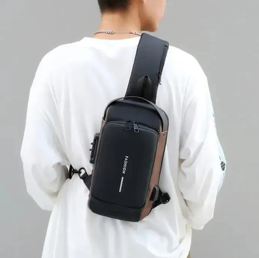 Men Waterproof Crossbody Bag Black Tan Multiple Compartment