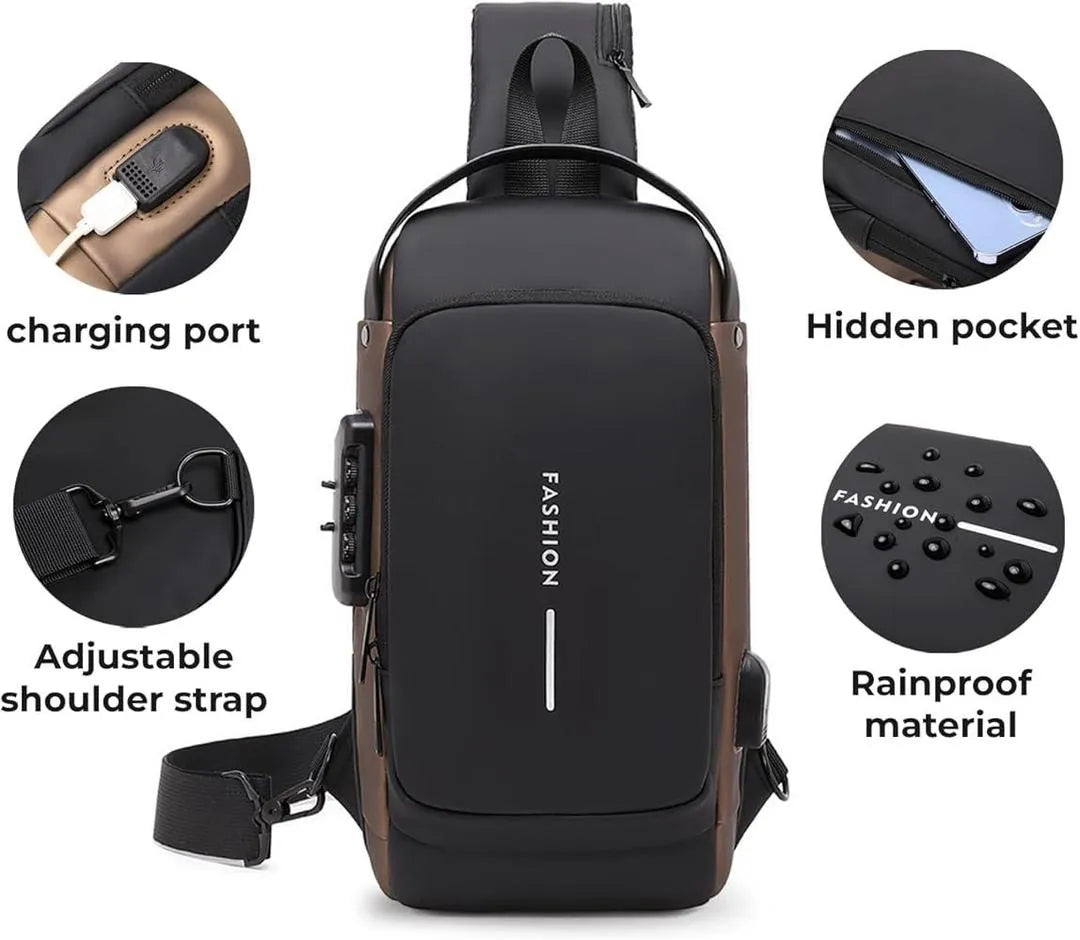 Men Waterproof Crossbody Bag Black Tan Multiple Compartment