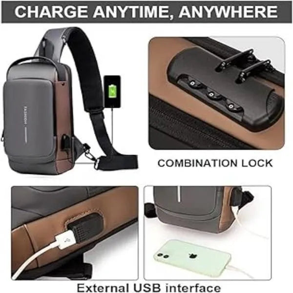 Men Waterproof Crossbody Bag Black Tan Multiple Compartment