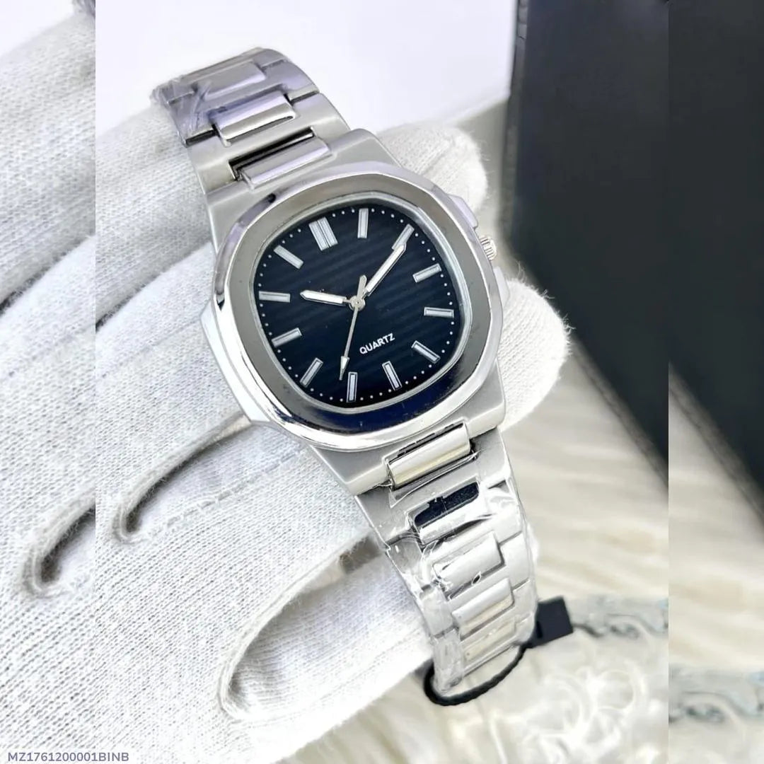 Men Square Watch Black Dial Silver Steel Chain Strap