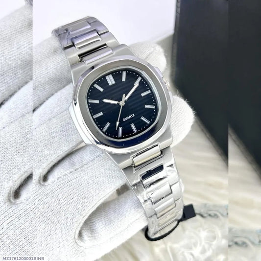 Men Square Watch Black Dial Silver Steel Chain Strap