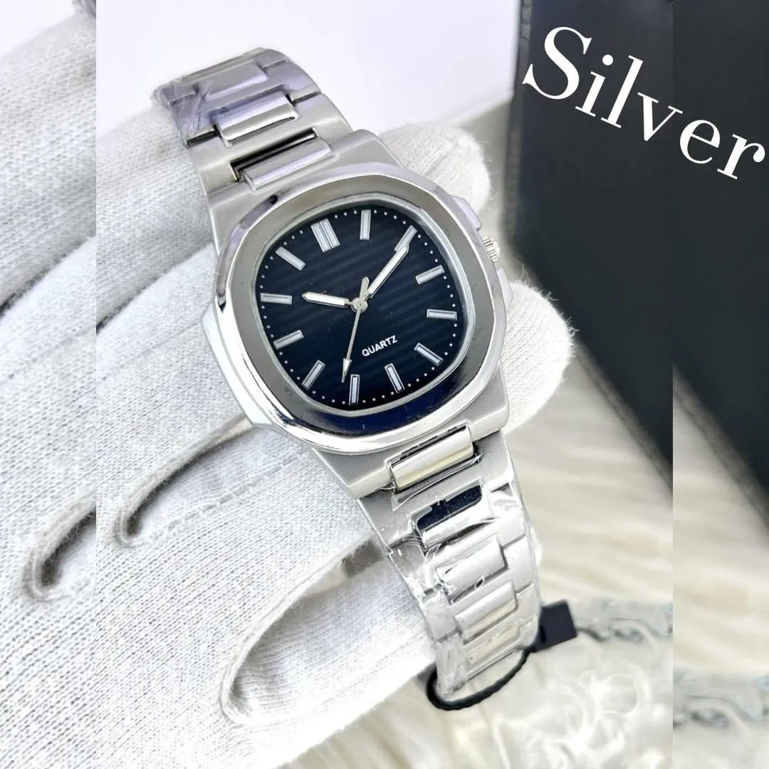 Men Square Watch Black Dial Silver Steel Chain Strap