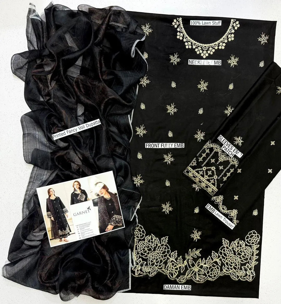 Black Embroidered Lawn 3Pcs Set for Women