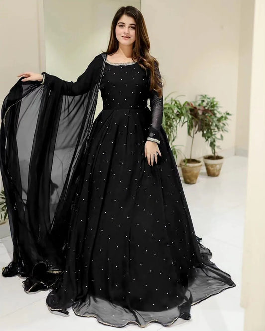 🖤 Elegant Black Pearl & Lace Chiffon Maxi Dress – 3-Piece Set