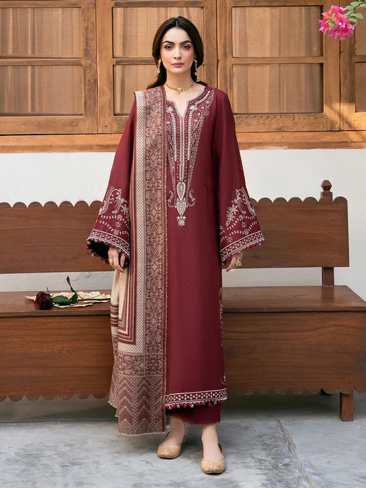 Maroon Embroidered 3 Pcs Lawn Suit for Eid & Parties