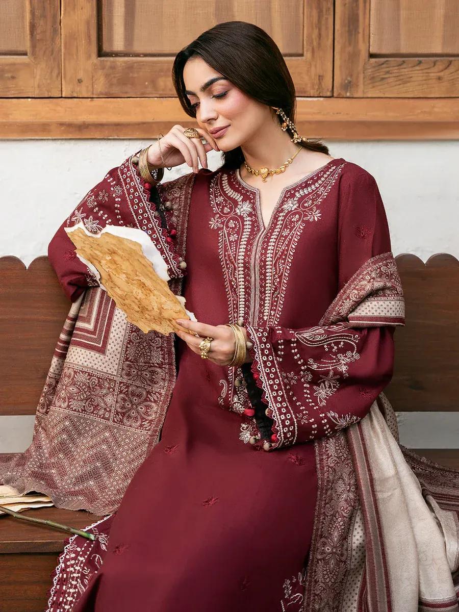 Maroon Embroidered 3 Pcs Lawn Suit for Eid & Parties
