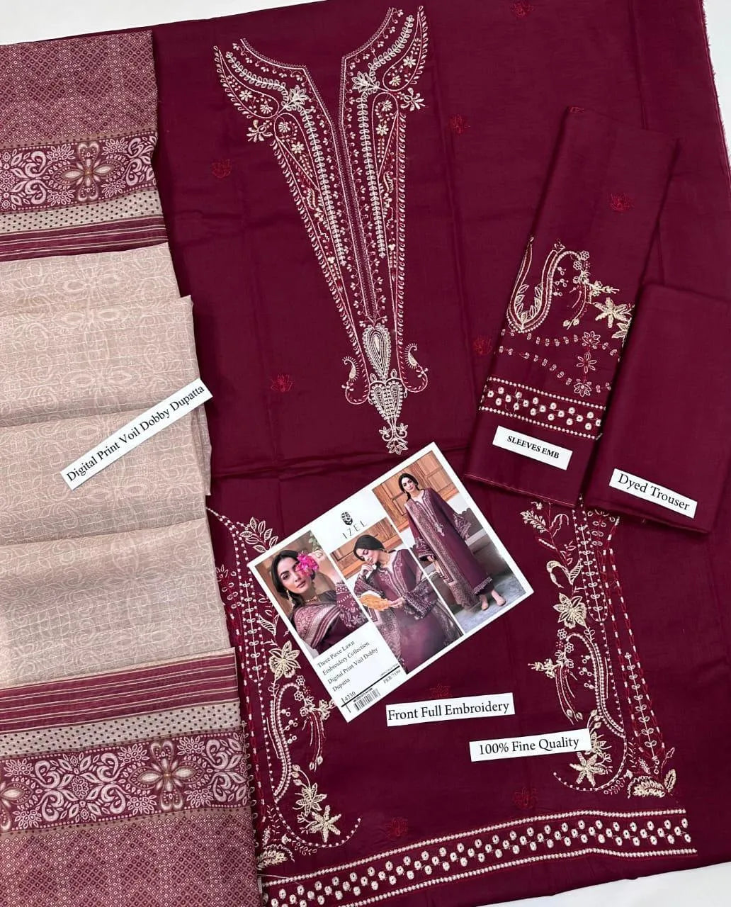 Maroon Embroidered 3 Pcs Lawn Suit for Eid & Parties