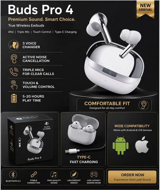 Buds Pro 4 Wireless Bluetooth Earbuds | ANC Noise Cancellation | Touch Control | Triple Mic | Type-C Charging | White