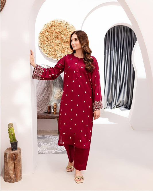 Maroon Embroidered 2-Piece Women Suit for Weddings Eid