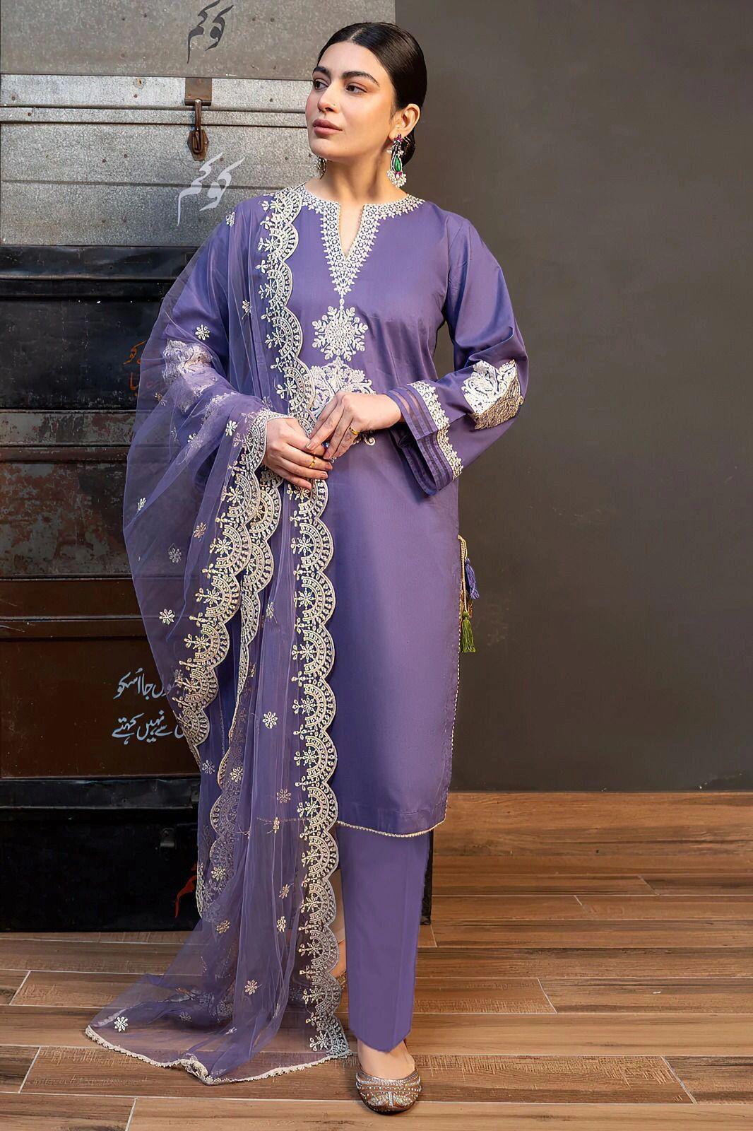 Purple Embroidered 3-Piece Lawn Suit for Women