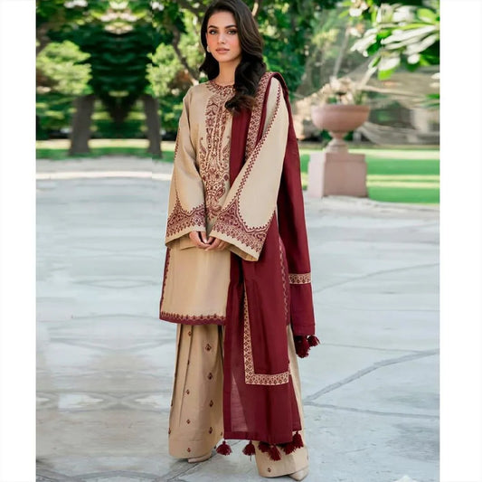 Brown Lawn Embroidered 3-Piece Set
